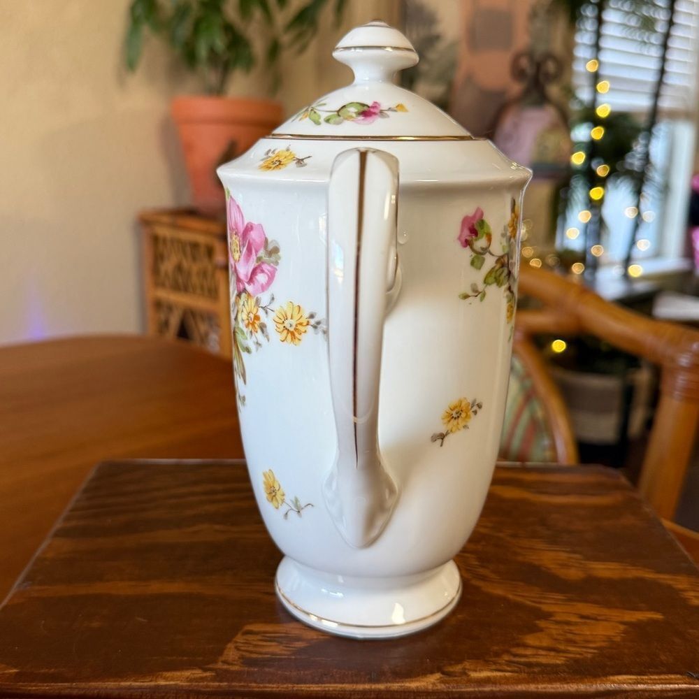 Vintage Albion 1950’s Floral Porcelain Teapot Sugar Dish Set White Pink Yellow - Picture 3 of 14